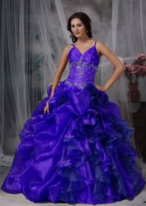 Spaghetti Straps Beading Royal Blue Quince Gown with Ruffles